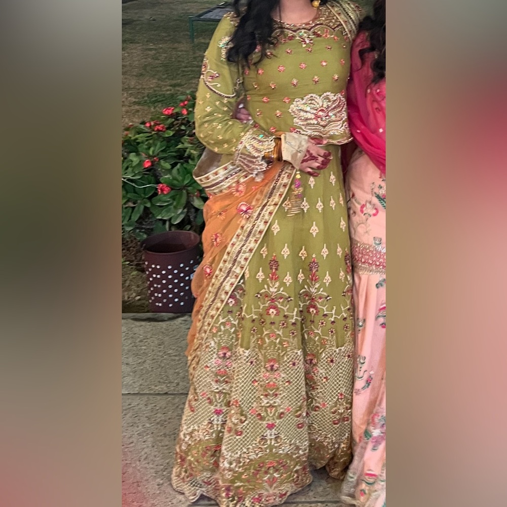 Desi, Pakistani, Indian, lehengha choli Embroidered Green& Pink Traditional